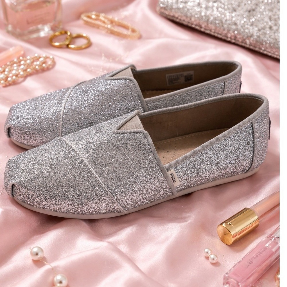 TOMS Glitter Slip On Shoes YOUTH little girls Size 3 Silver Sparkle Casual Flats